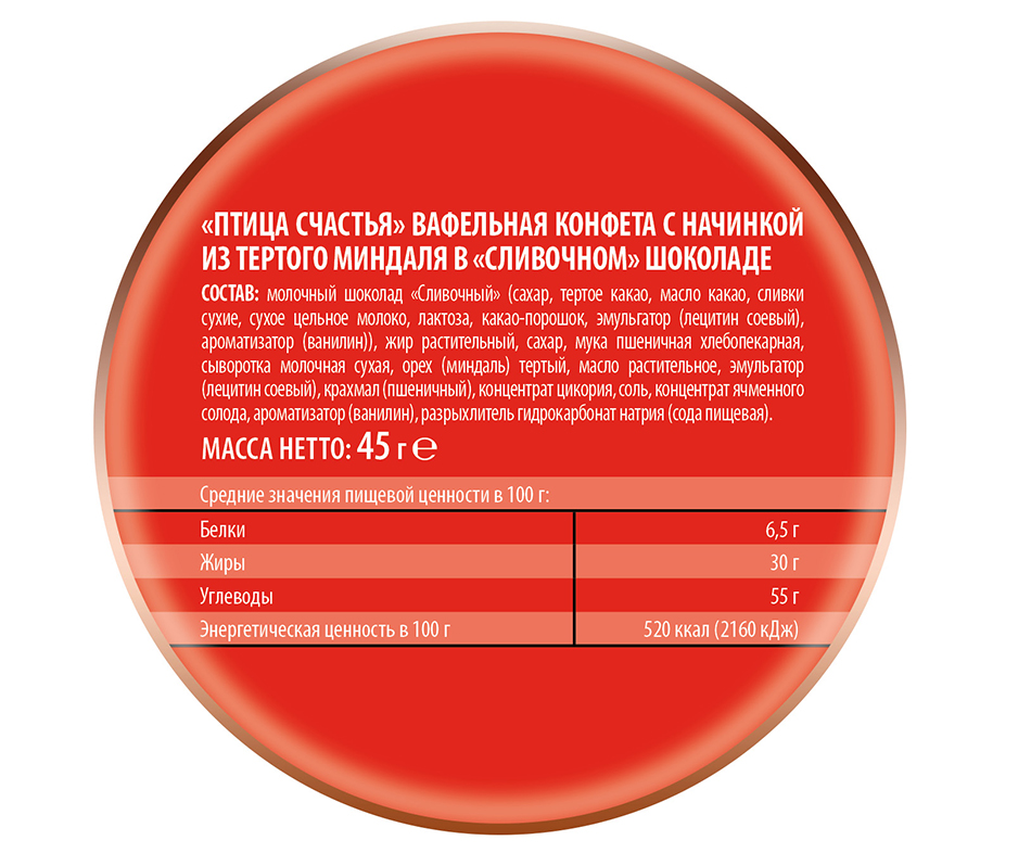 КОНФЕТА ВАФ ПТИЦА СЧАСТЬЯ С ТЕРТЫМ МИНДАЛЕМ ПОБЕДА 45ГР