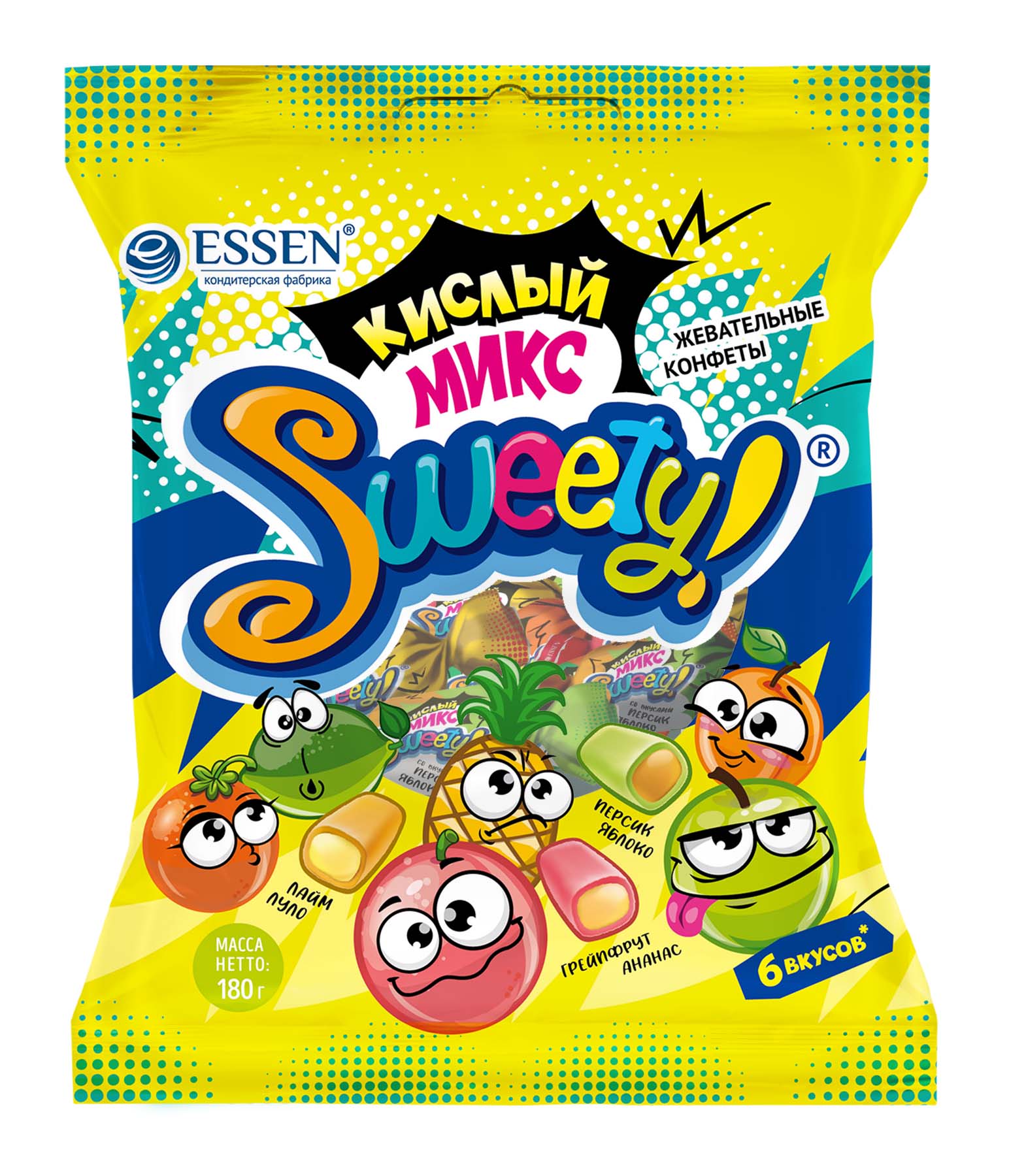 КОНФЕТЫ ЭССЕН SWEETY ГРЕЙПФРУТ/АНАНАС, ЛАЙМ/ЛУЛО, ПЕРСИК/ЯБЛОКО 180ГР