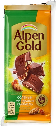 ШОКОЛАД АЛЬПЕН ГОЛЬД МОЛОЧНЫЙ СОЛЕНЫЙ МИНДАЛЬ/КАРАМЕЛЬ 80ГР
