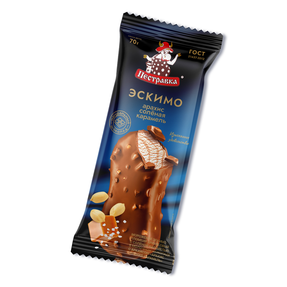БЗМЖ МОРОЖЕНОЕ ПЕСТРАВКА ЭСКИМО ПЛ АРАХИС-СОЛ.КАРАМЕЛЬ В МОЛ ШОКОЛАДЕ 80ГР