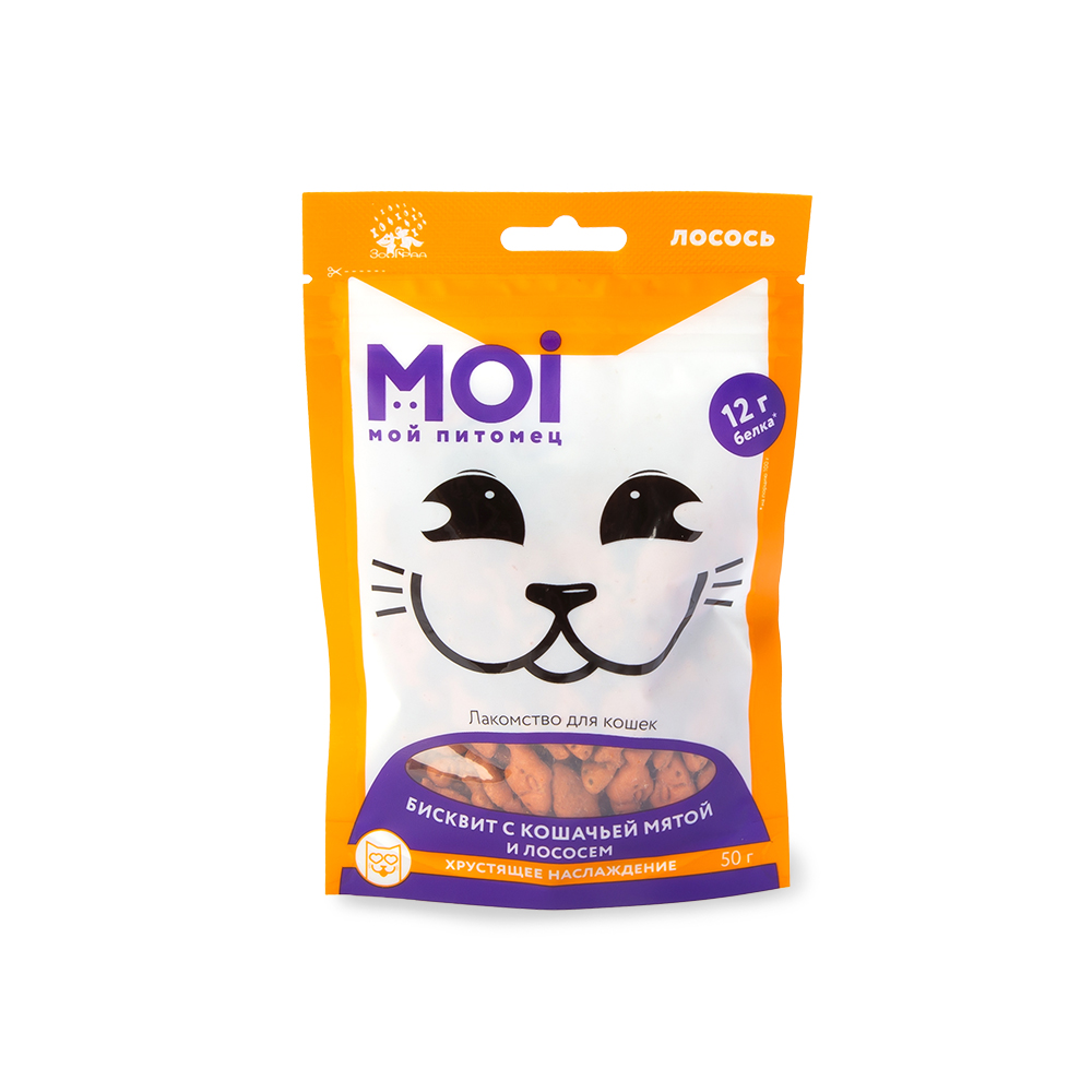 ЛАКОМСТВО ДЛЯ КОШЕК MOI БИСКВИТ С КОШАЧЬЕЙ МЯТОЙ И ЛОСОСЕМ ПЛ/ПАК 50ГР