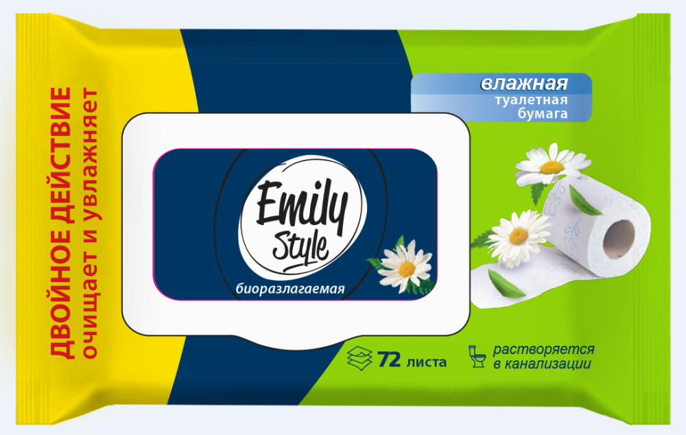 ТУАЛЕТНАЯ БУМАГА ВЛАЖНАЯ РАСТВОРЯЮЩАЯСЯ EMILY STYLE 72ШТ.