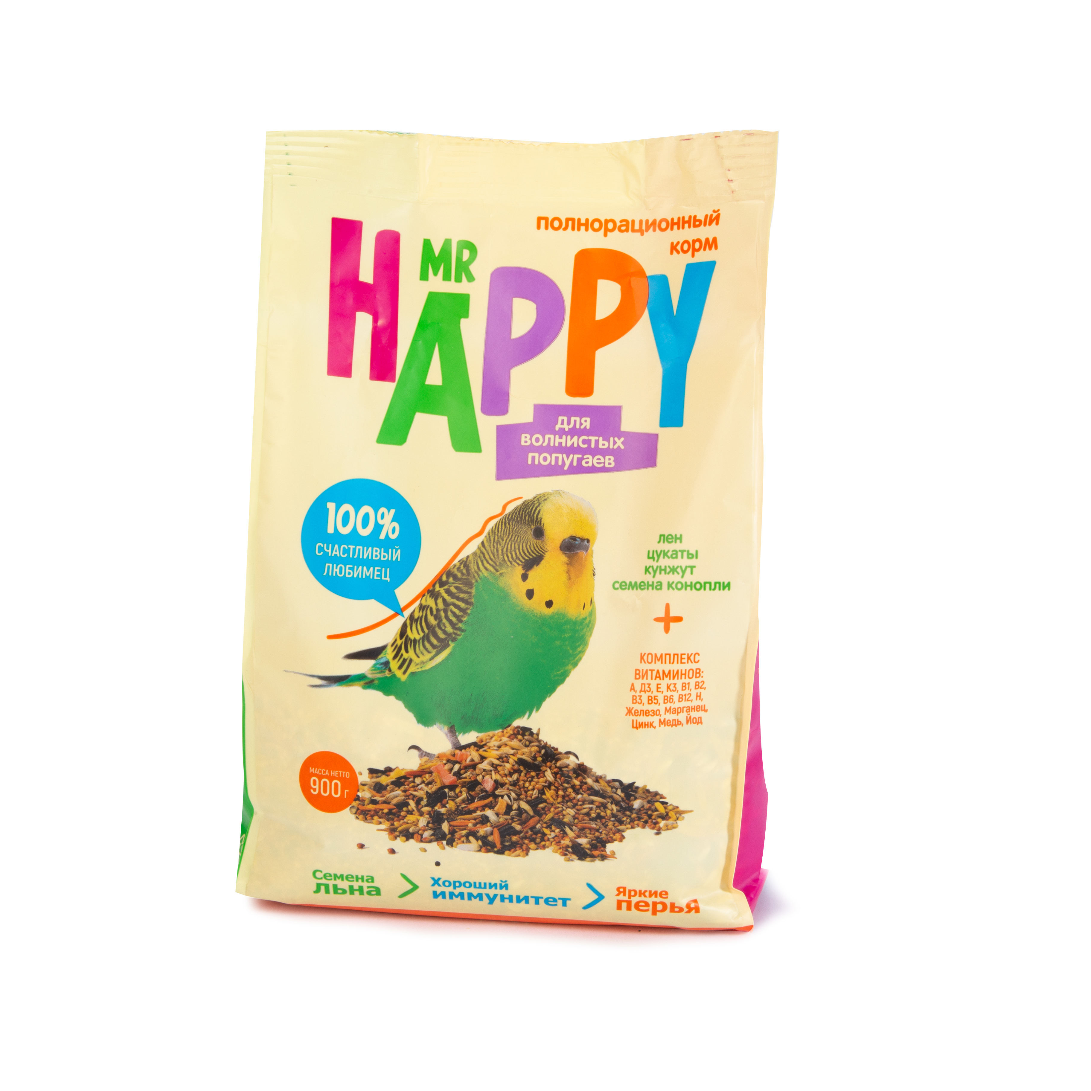 КОРМ MR HAPPY СУХОЙ ДЛЯ ВОЛНИСТЫХ ПОПУГАЕВ  900ГР