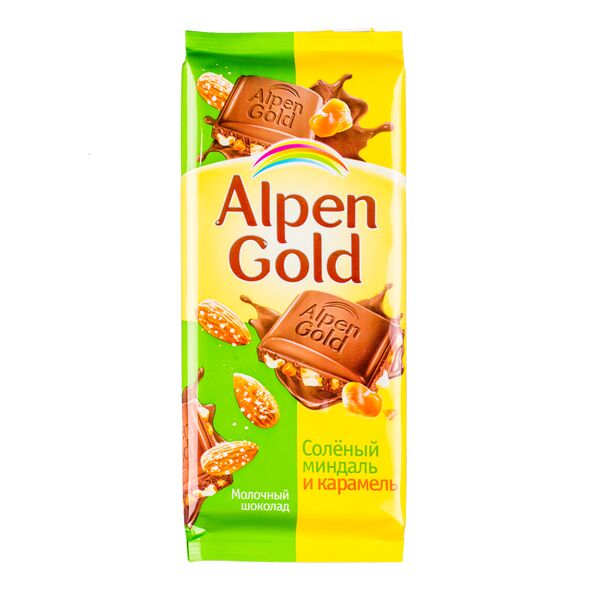 ШОКОЛАД АЛЬПЕН ГОЛЬД МОЛОЧНЫЙ СОЛЕНЫЙ МИНДАЛЬ/КАРАМЕЛЬ 80ГР