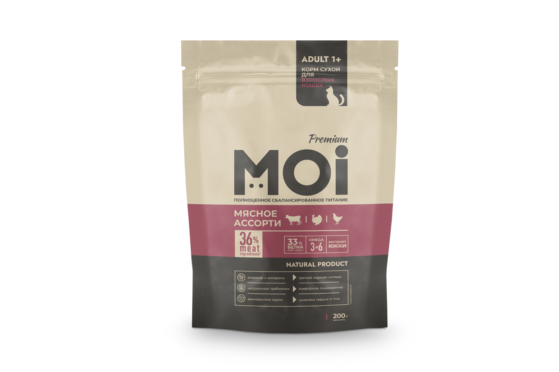 КОРМ СУХОЙ MOI ДЛЯ ВЗРОСЛЫХ КОШЕК МЯСНОЕ АССОРТИ 200ГР
