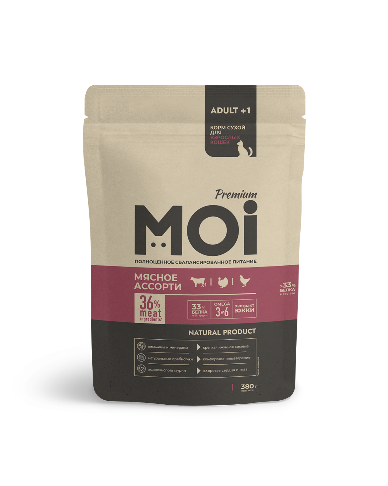 КОРМ СУХОЙ MOI ДЛЯ ВЗРОСЛЫХ КОШЕК МЯСНОЕ АССОРТИ 380ГР