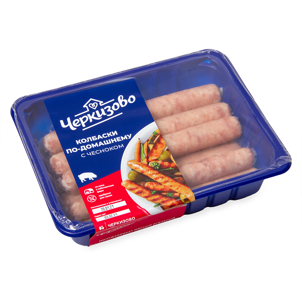 КОЛБАСКИ ПО-ДОМАШНЕМУ С ЧЕСНОКОМ ОХЛ ЧЕРКИЗОВО ЛОТОК 450ГР
