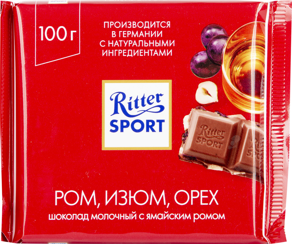 ШОКОЛАД РИТТЕР СПОРТ МОЛ РОМ/ИЗЮМ/ОРЕХ 100ГР