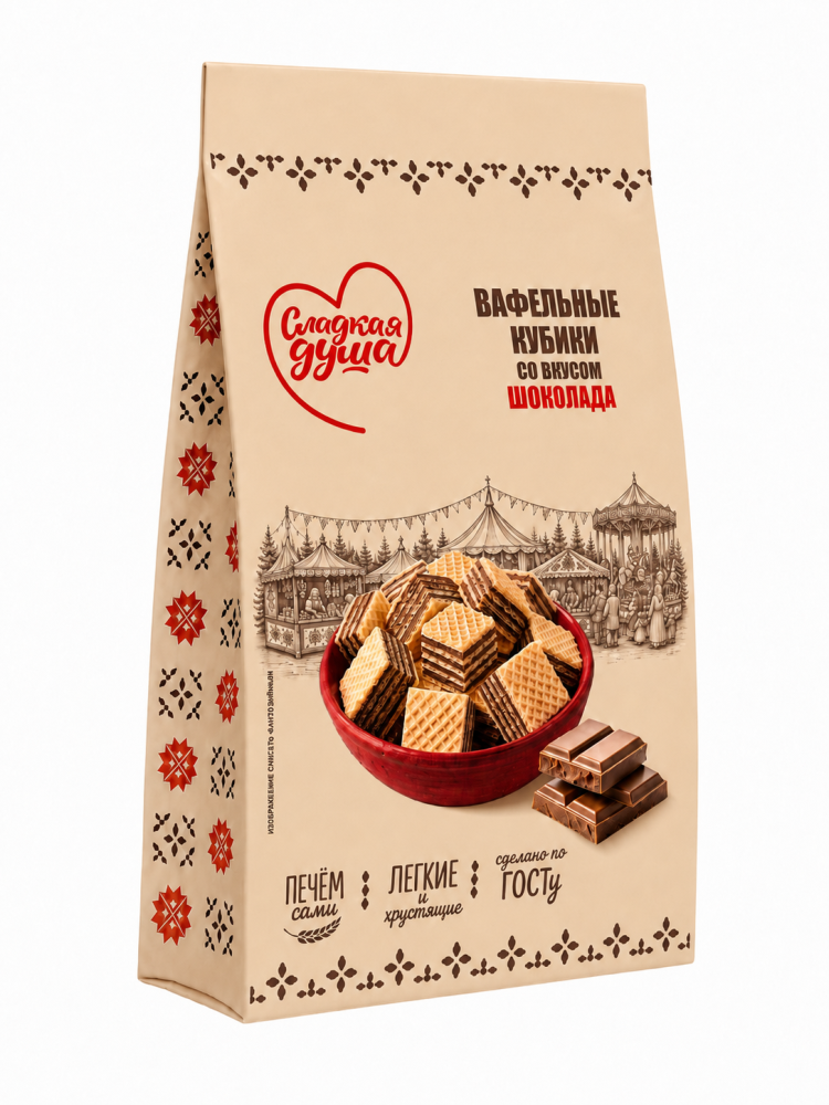 ВАФЛИ СЛАДКАЯ ДУША КУБИКИ СО ВКУСОМ ШОКОЛАДА, Ф/П 150ГР