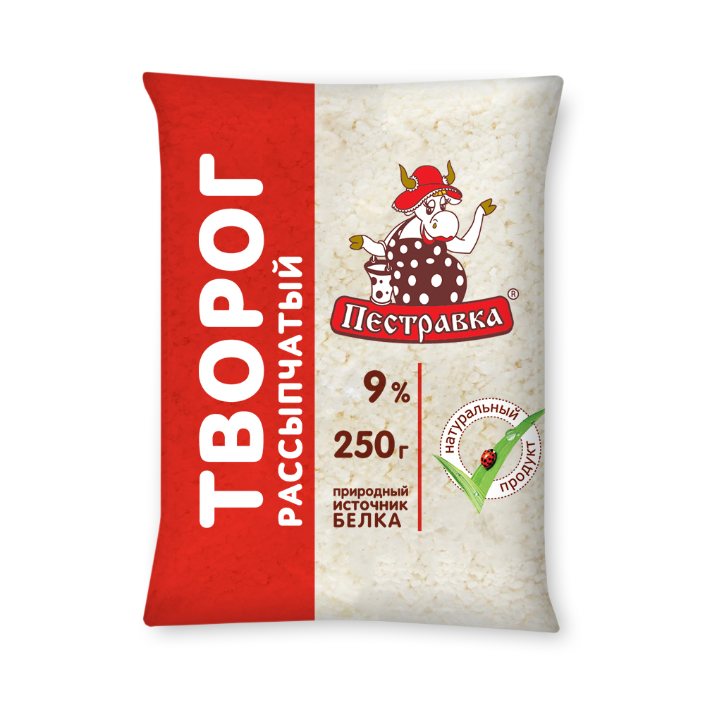 БЗМЖ ТВОРОГ ПЕСТРАВКА 9% 250ГР ПАКЕТ