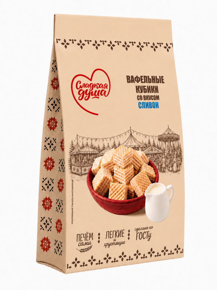 ВАФЛИ СЛАДКАЯ ДУША КУБИКИ СО ВКУСОМ СЛИВОК, Ф/П 150ГР