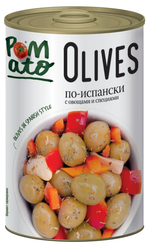 ОЛИВКИ ПО-ИСПАНСКИ С ОВОЩАМИ И СПЕЦИЯМИ POMATO 300 Г