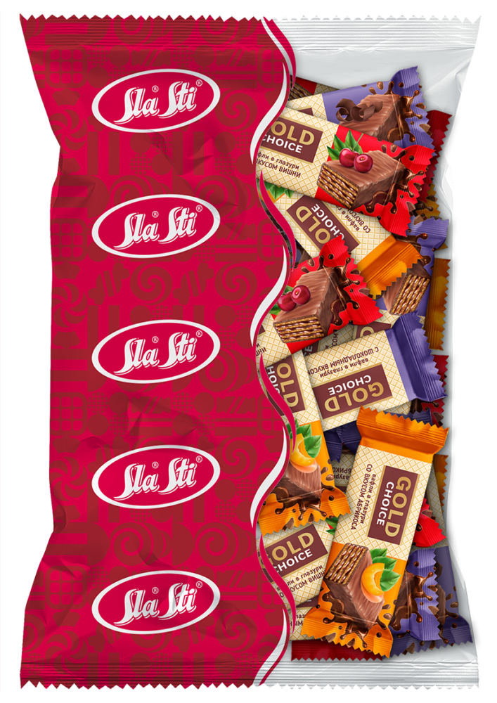 КОНФЕТЫ ВАФ. СЛАСТИ ГОЛД ЧОЙС В ГЛАЗ.МИКС АБРИК.,ВИШНИ,ШОК.ВКУС 500ГР