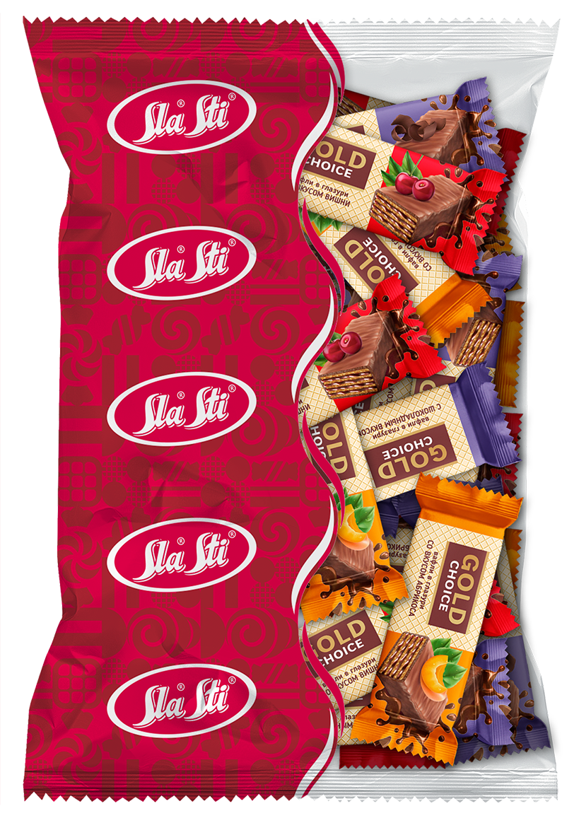 КОНФЕТЫ ВАФ. СЛАСТИ ГОЛД ЧОЙС В ГЛАЗ.МИКС АБРИК.,ВИШНИ,ШОК.ВКУС 500ГР