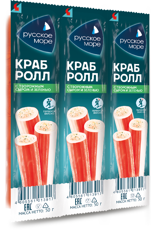 ПАЛОЧКА КРАБОВАЯ РУССКОЕ МОРЕ "КРАБ-РОЛЛ" С СЫРОМ И ЗЕЛЕНЬЮ ПАСТ.ОХЛ. 50Г