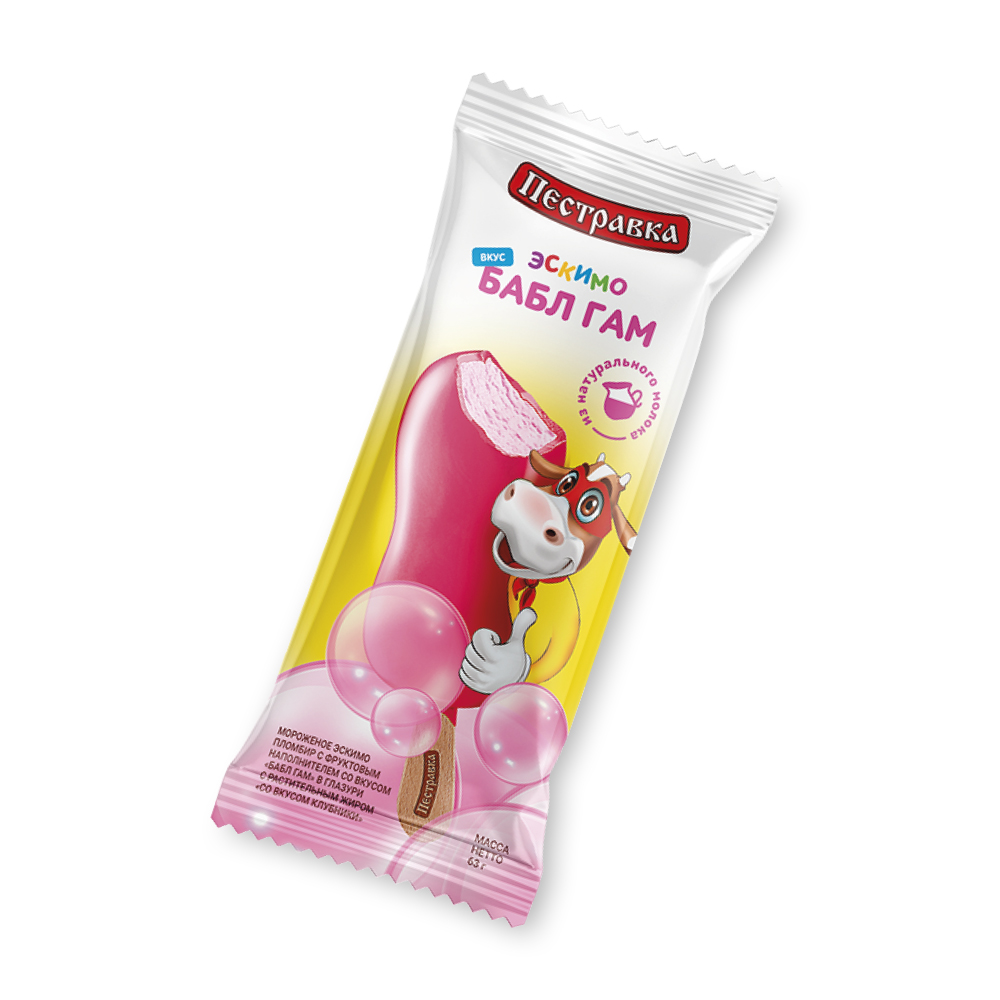 БЗМЖ МОРОЖЕНОЕ ПЕСТРАВКА ЭСКИМО ПЛ БАБЛ ГАМ В ГЛАЗУРИ СО ВКУСОМ КЛУБНИКИ 63ГР