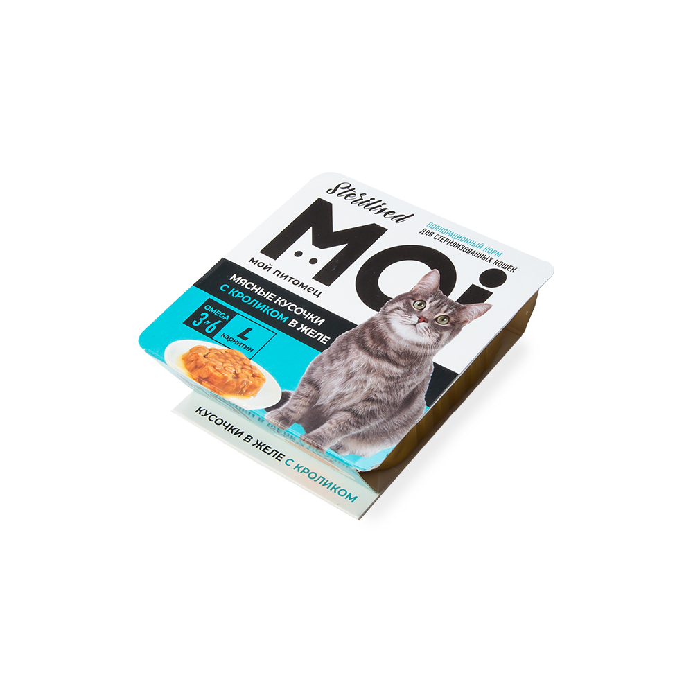 КОРМ MOI ДЛЯ СТЕРИЛИЗОВАННЫХ КОШЕК МЯСНЫЕ КУСОЧКИ С КРОЛИКОМ В ЖЕЛЕ ЛАМИСТЕР 100 ГР