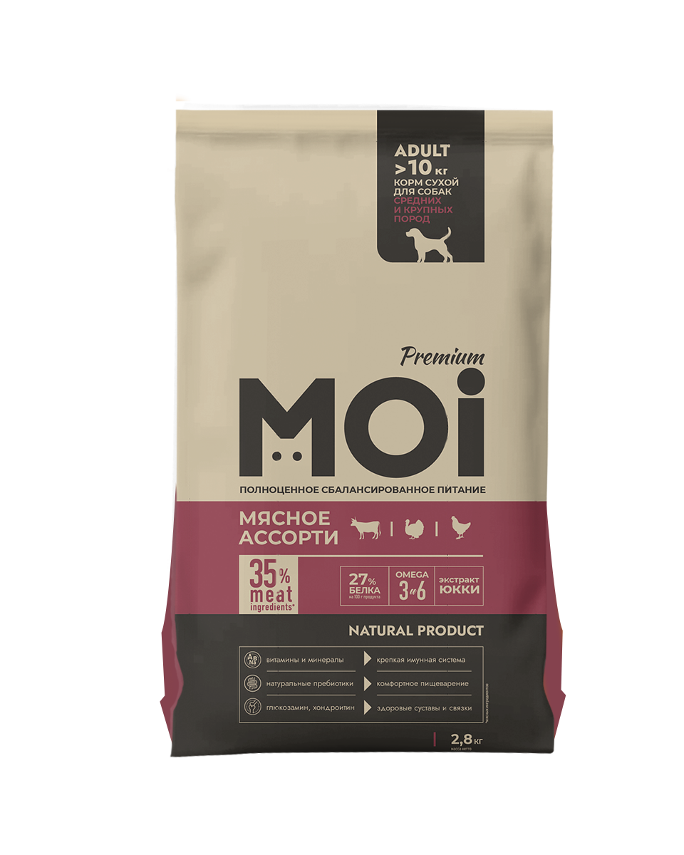 КОРМ СУХОЙ MOI ДЛЯ СОБАК СРЕДНИХ И КРУПНЫХ ПОРОД МЯСНОЕ АССОРТИ 2,8 КГ