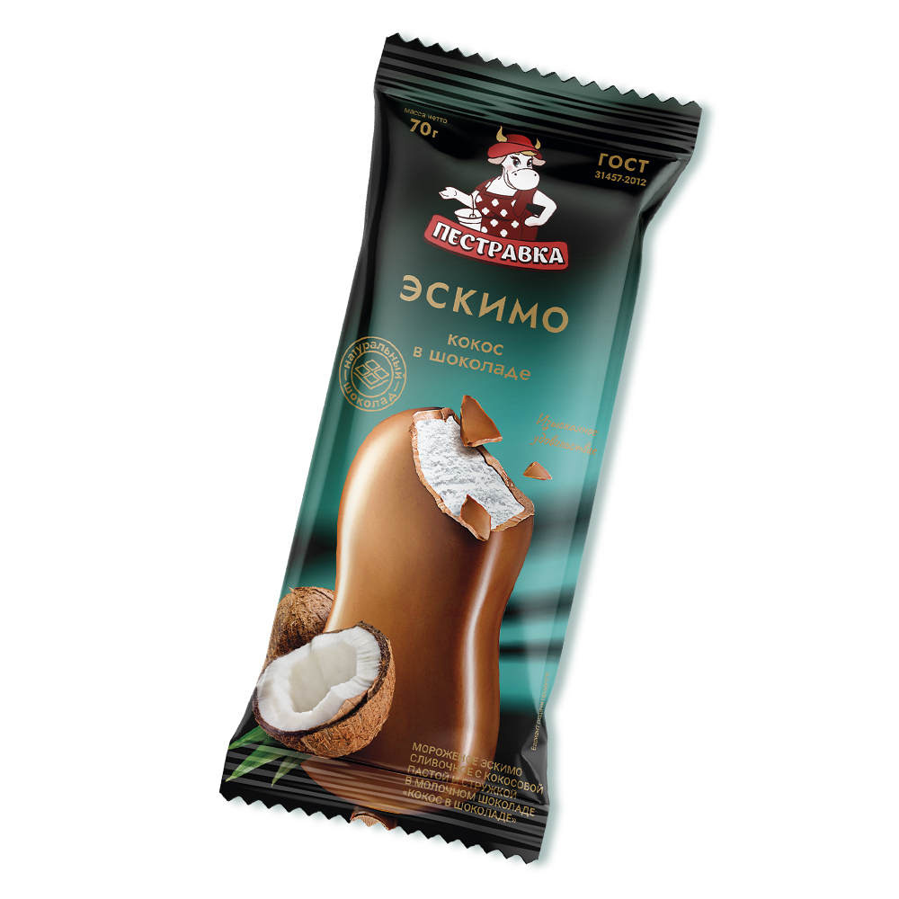 БЗМЖ МОРОЖЕНОЕ ПЕСТРАВКА ЭСКИМО ПЛ ВАНИЛЬ КОКОС В ШОКОЛАДЕ 70ГР