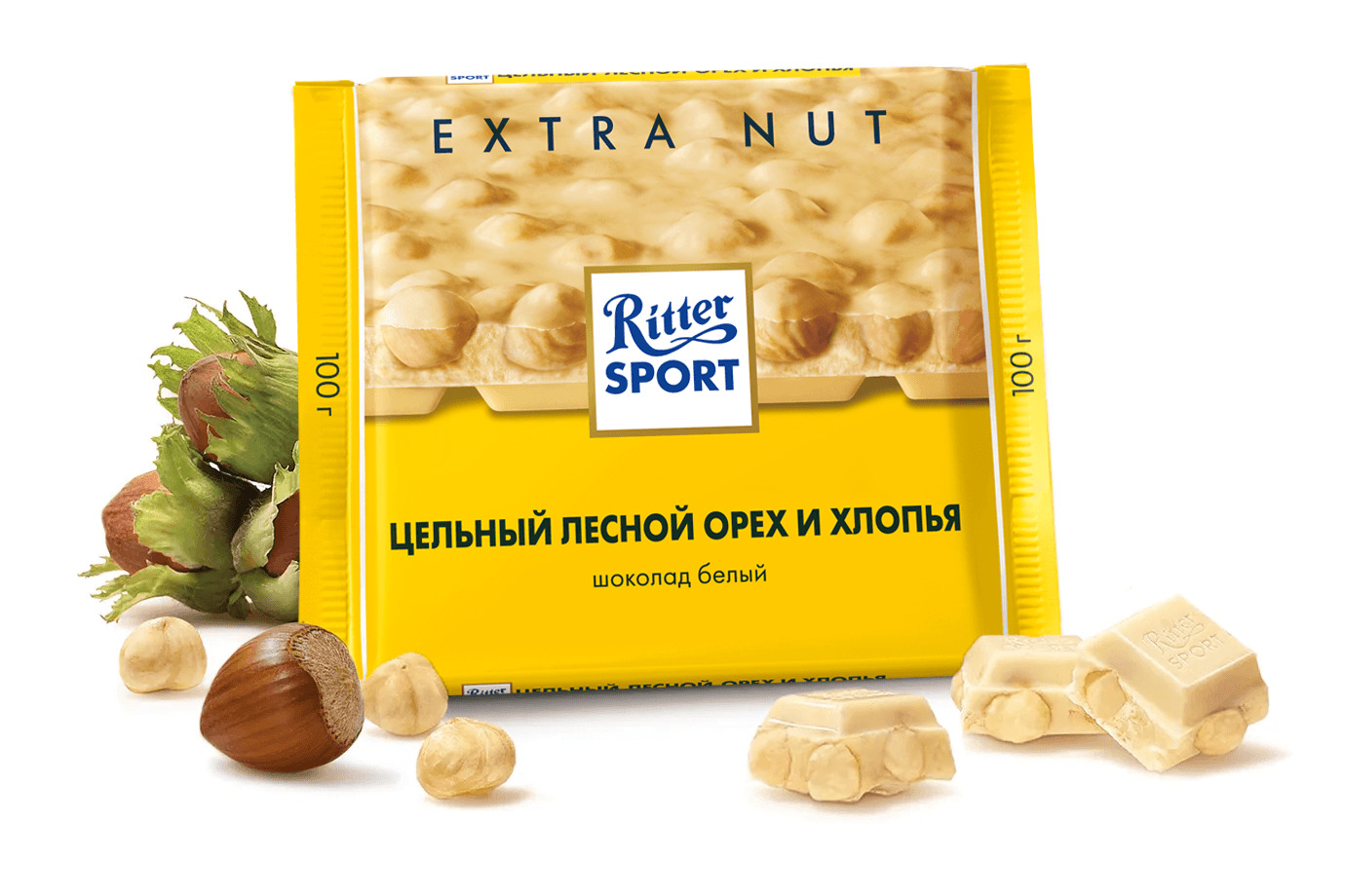 ШОКОЛАД РИТТЕР СПОРТ БЕЛ ШОК ЛЕСНОЙ ОРЕХ И ХЛОПЬЯ 100ГР