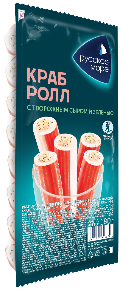 КРАБОВЫЕ ПАЛОЧКИ КРАБ-РОЛЛ РУССКОЕ МОРЕС СЫРОМ И ЗЕЛЕНЬЮ ОХЛ 180ГР