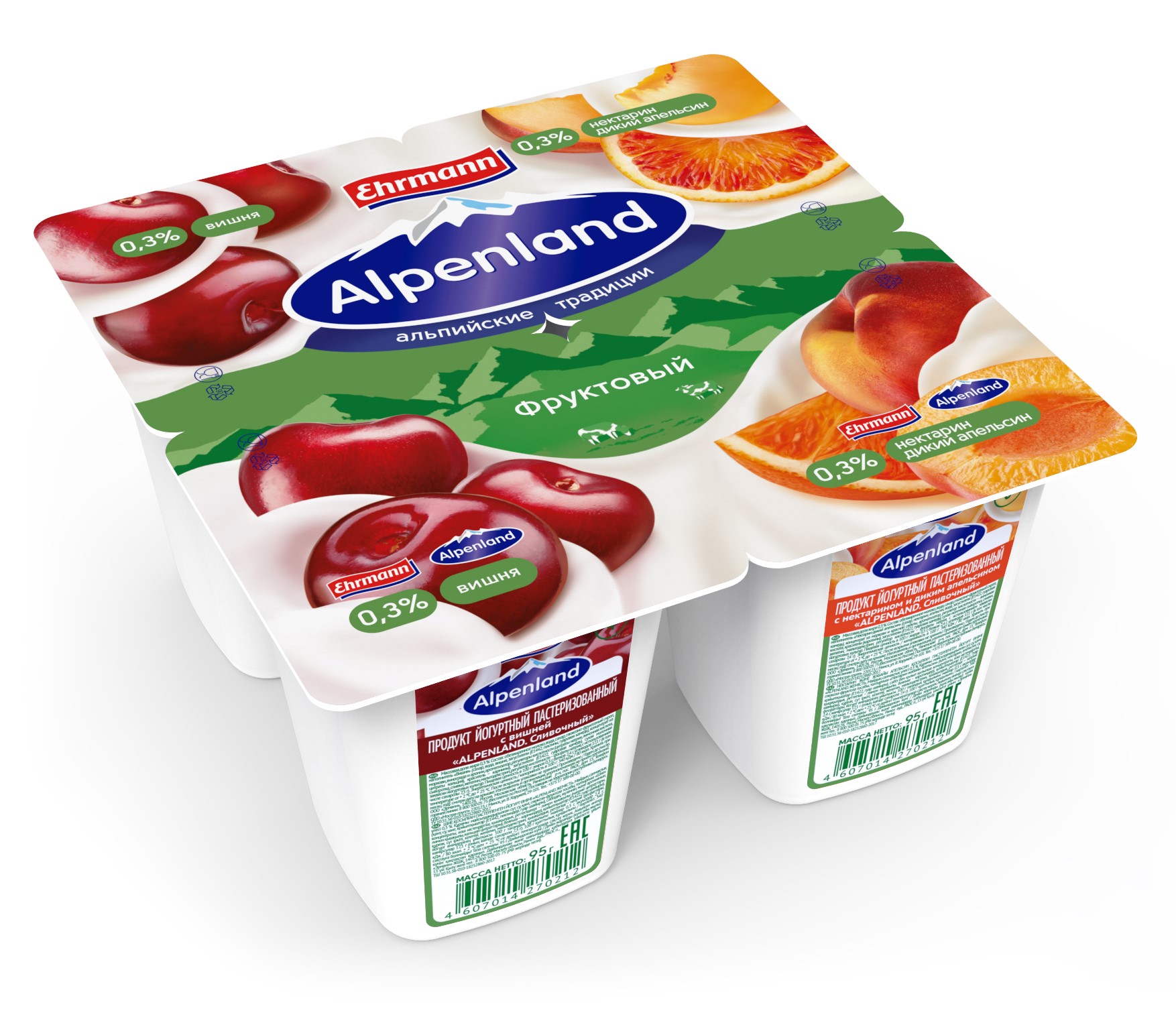 СЗМЖ ЙОГУРТ АЛЬПЕНЛЭНД  ВИШНЯ/НЕКТАРИН/АПЕЛЬСИН 0,3% 95ГР