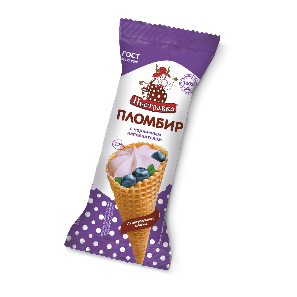 БЗМЖ МОРОЖЕНОЕ ПЕСТРАВКА РОЖОК ПЛ ЧЕРНИКА 12% 120ГР