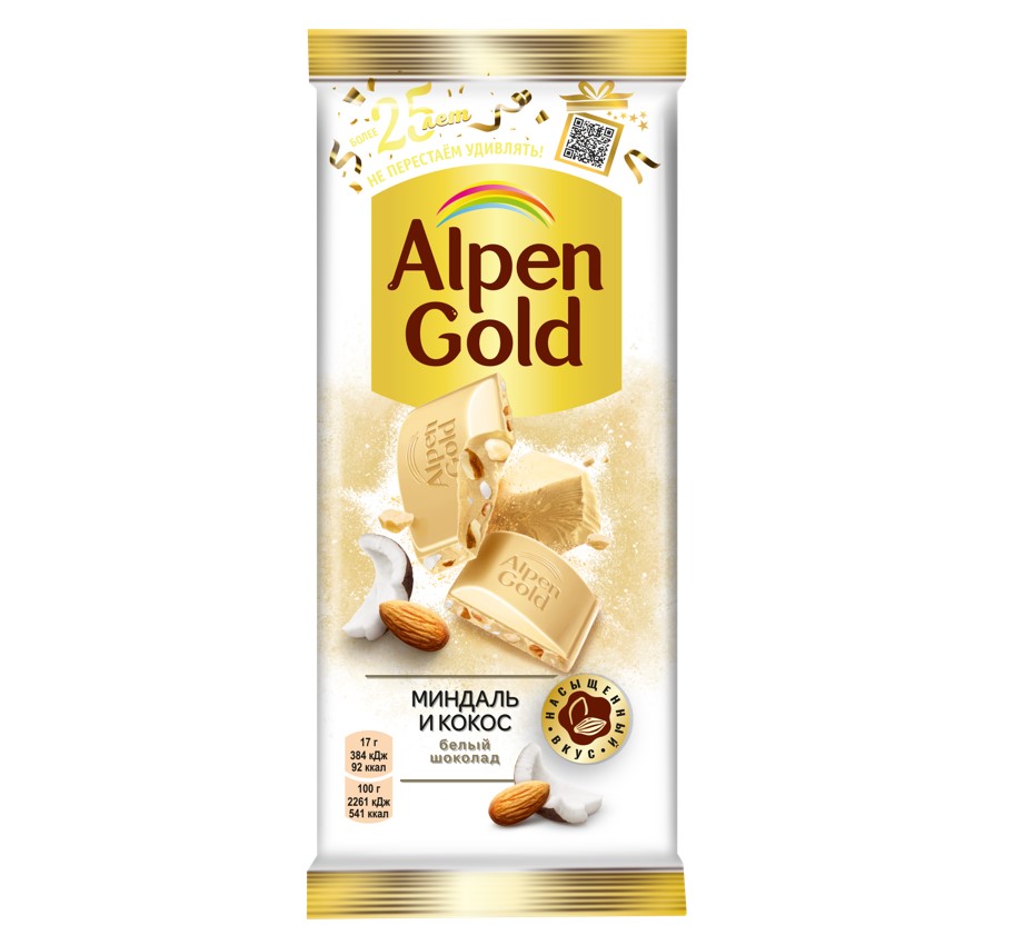 ШОКОЛАД АЛЬПЕН ГОЛЬД БЕЛЫЙ МИНДАЛЬ/КОКОС 85ГР