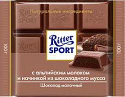 ШОКОЛАД РИТТЕР СПОРТ МОЛ С АЛЬП МОЛОКОМ И НАЧ ИЗ ШОК МУССА 100ГР