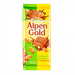 ШОКОЛАД АЛЬПЕН ГОЛЬД МОЛОЧНЫЙ СОЛЕНЫЙ МИНДАЛЬ/КАРАМЕЛЬ 80ГР