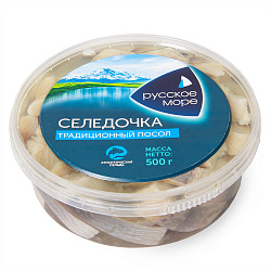 СЕЛЬДЬ ФИЛЕ-КУСОЧКИ "РУССКОЕ МОРЕ" ТРАДИЦИОННЫЙ ПОСОЛ В МАСЛЕ 500Г 1/6 КУПИНО