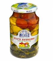 АССОРТИ МЕЛЕНЪ МАРИНОВАННОЕ(ПАТИСОН,ЧЕРРИ,ОГУРЦЫ) 900ГР