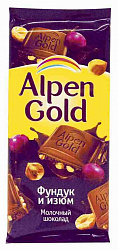 ШОКОЛАД АЛЬПЕН ГОЛЬД МОЛОЧНЫЙ ФУНДУК/ИЗЮМ 80ГР