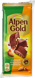 ШОКОЛАД АЛЬПЕН ГОЛЬД МОЛОЧНЫЙ СОЛЕНЫЙ МИНДАЛЬ/КАРАМЕЛЬ 80ГР